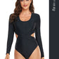 New Sunscreen Hollow Covering Belly Thin Siamese plus Size Plus Size Ladies Swimsuit Women's Long-Sleeved Swimsuit 100.00kg Surfing Quick-Dry