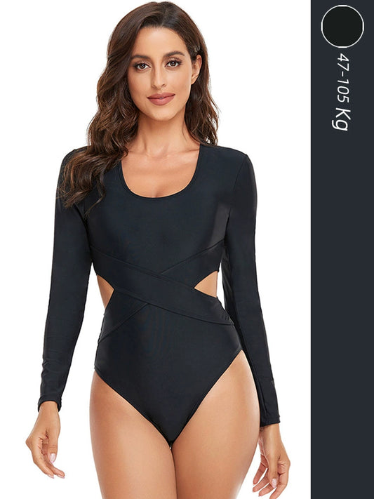 New Sunscreen Hollow Covering Belly Thin Siamese plus Size Plus Size Ladies Swimsuit Women's Long-Sleeved Swimsuit 100.00kg Surfing Quick-Dry