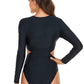 New Sunscreen Hollow Covering Belly Thin Siamese plus Size Plus Size Ladies Swimsuit Women's Long-Sleeved Swimsuit 100.00kg Surfing Quick-Dry