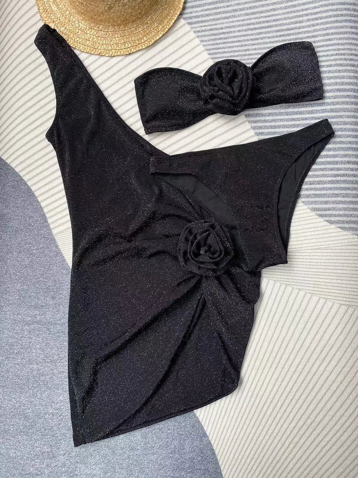 Conjunto Biquini e Vestido Com Aplique de Flor 3D